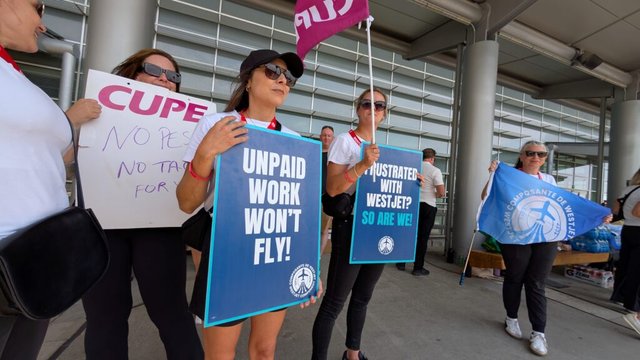 ‘We’re a volleyball’: Travellers in Winnipeg stranded as WestJet flight attendants strike kicks off