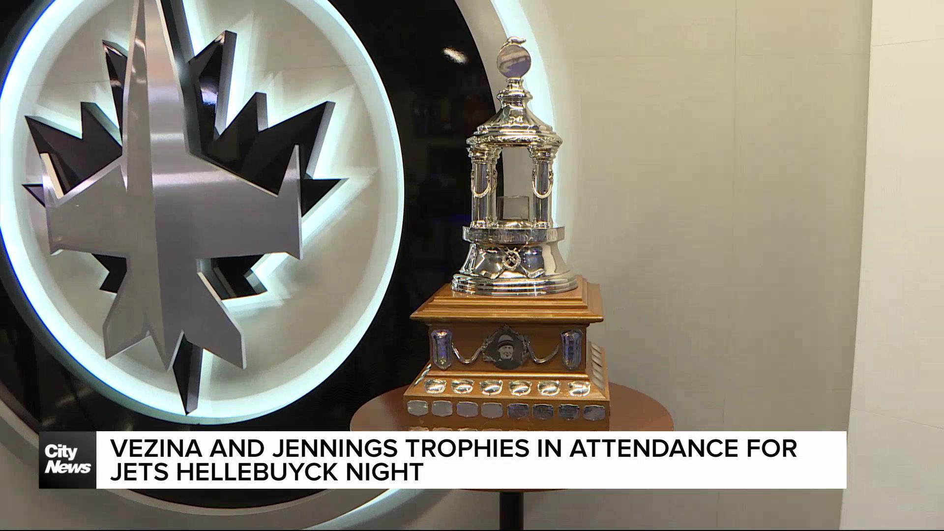 Vezina and Jennings Trophies in attendance for Jets' Hellebuyck Night