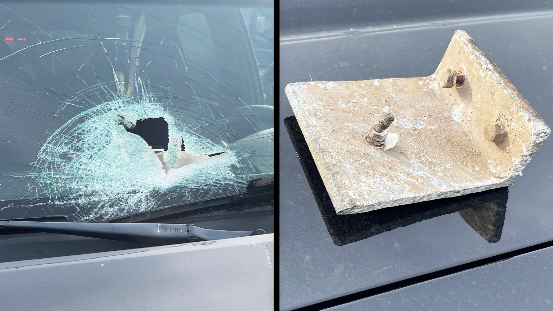 Driver and passenger narrowly escape serious injury after metal debris strikes windshield
