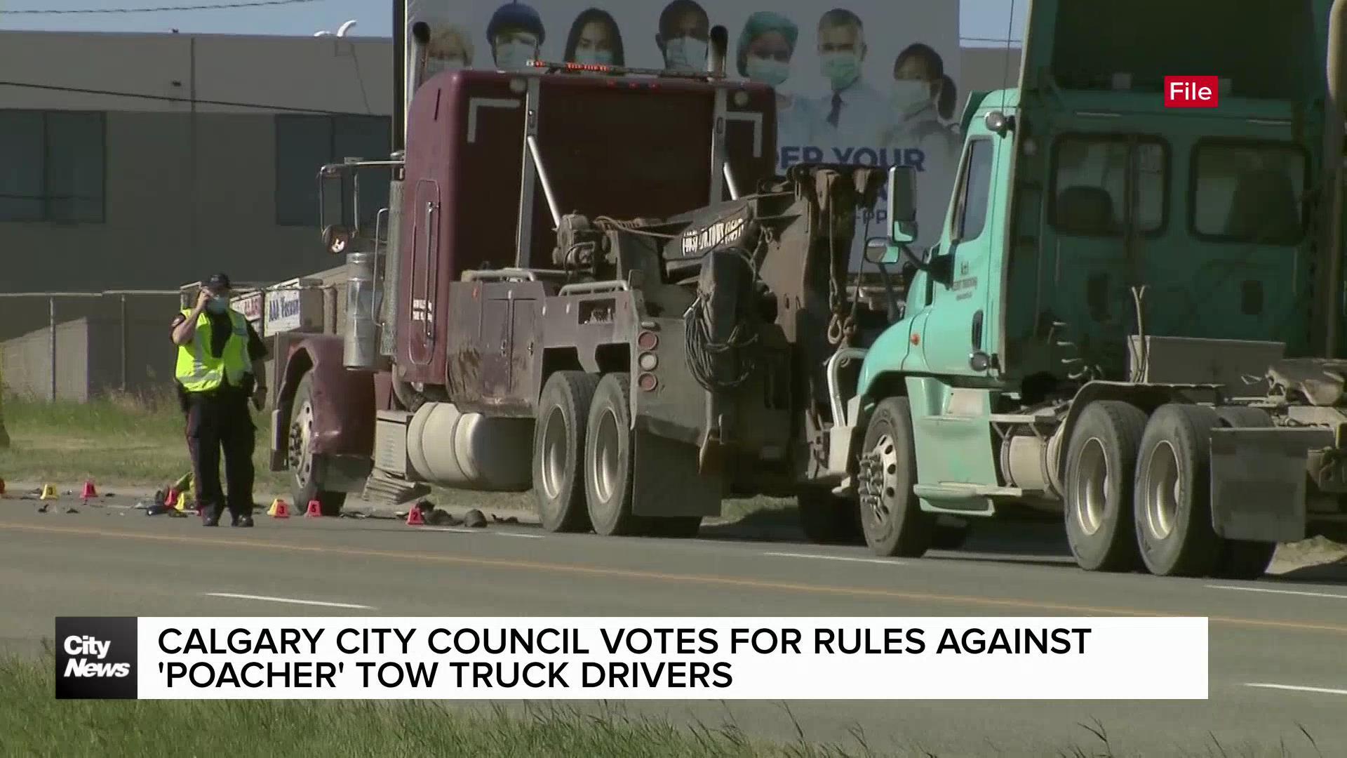 Calgary city council votes for rules against 'poacher' tow truck drivers