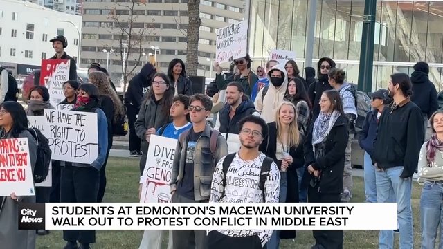 Students at Edmonton’s MacEwan university walk out to protest the conflict in the Middle East