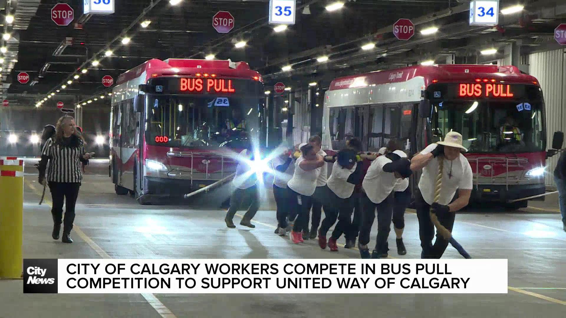 City of Calgary employees pull bus for charity