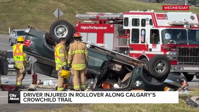 Man in 60s seriously hurt after pickup truck flips on Calgary ramp