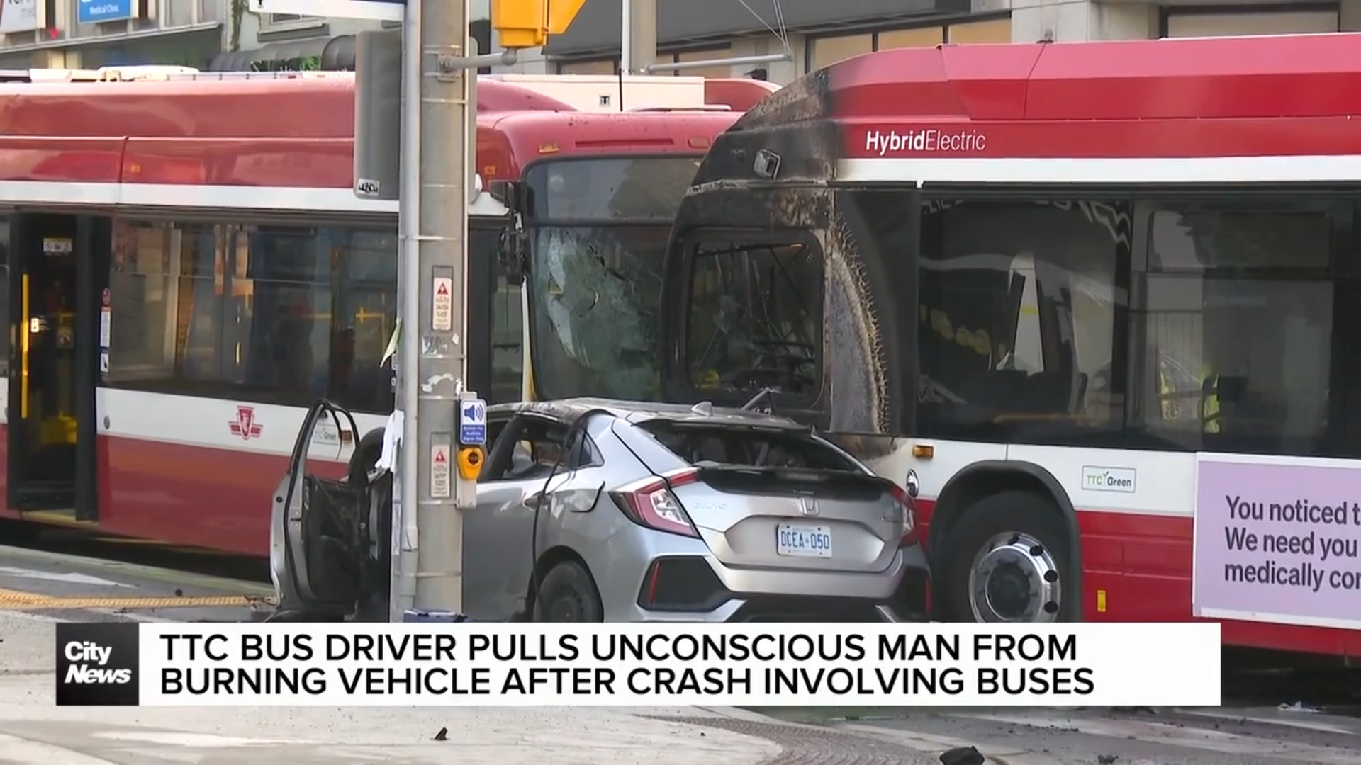 TTC bus driver pulls unconscious man from burning vehicle after crash