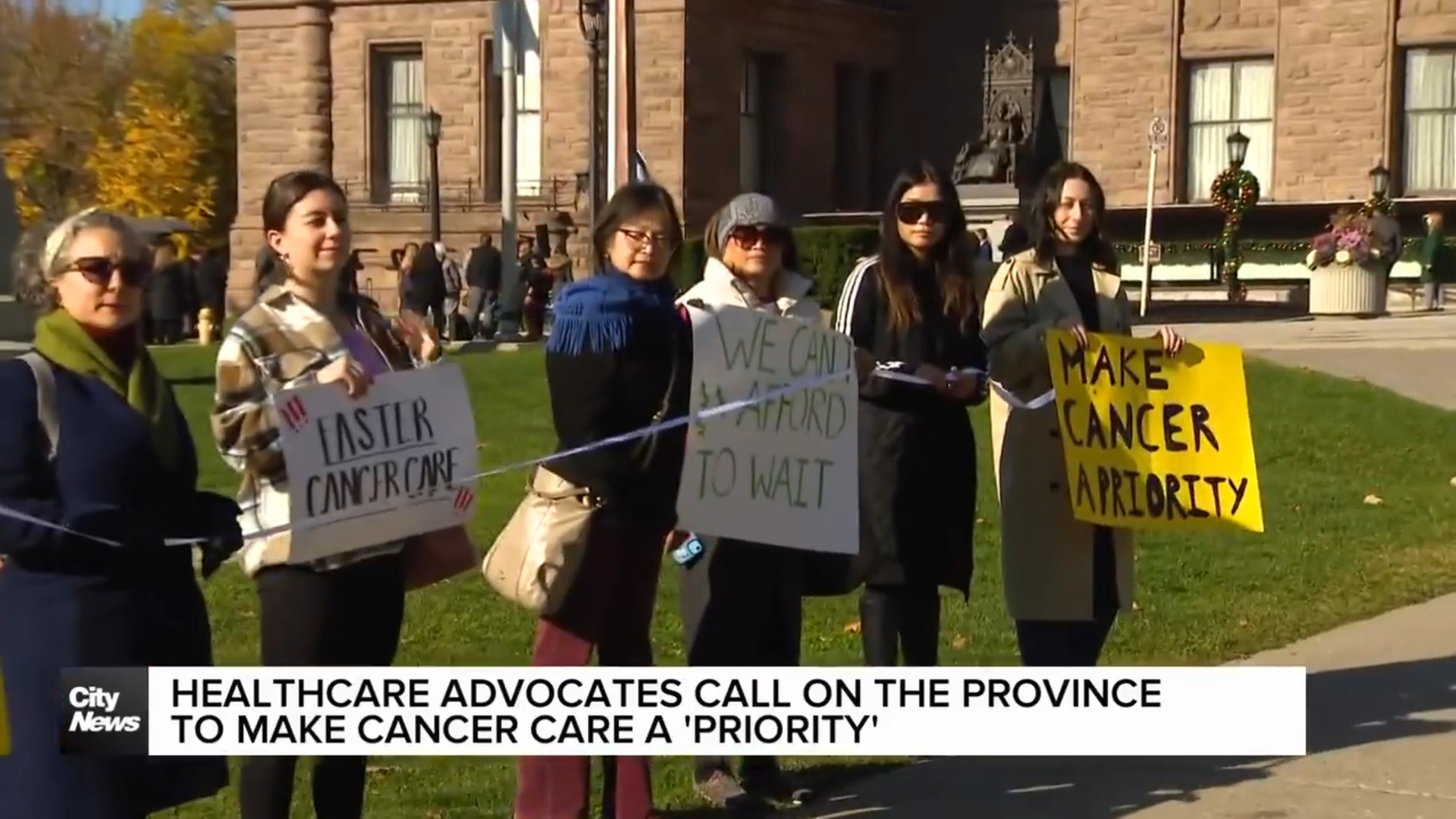 Advocates demonstrate at Queen's Park calling for change to cancer care in Ontario