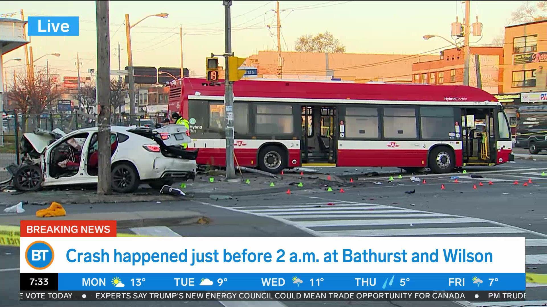 Several injured in crash involving stolen car, TTC bus in North York