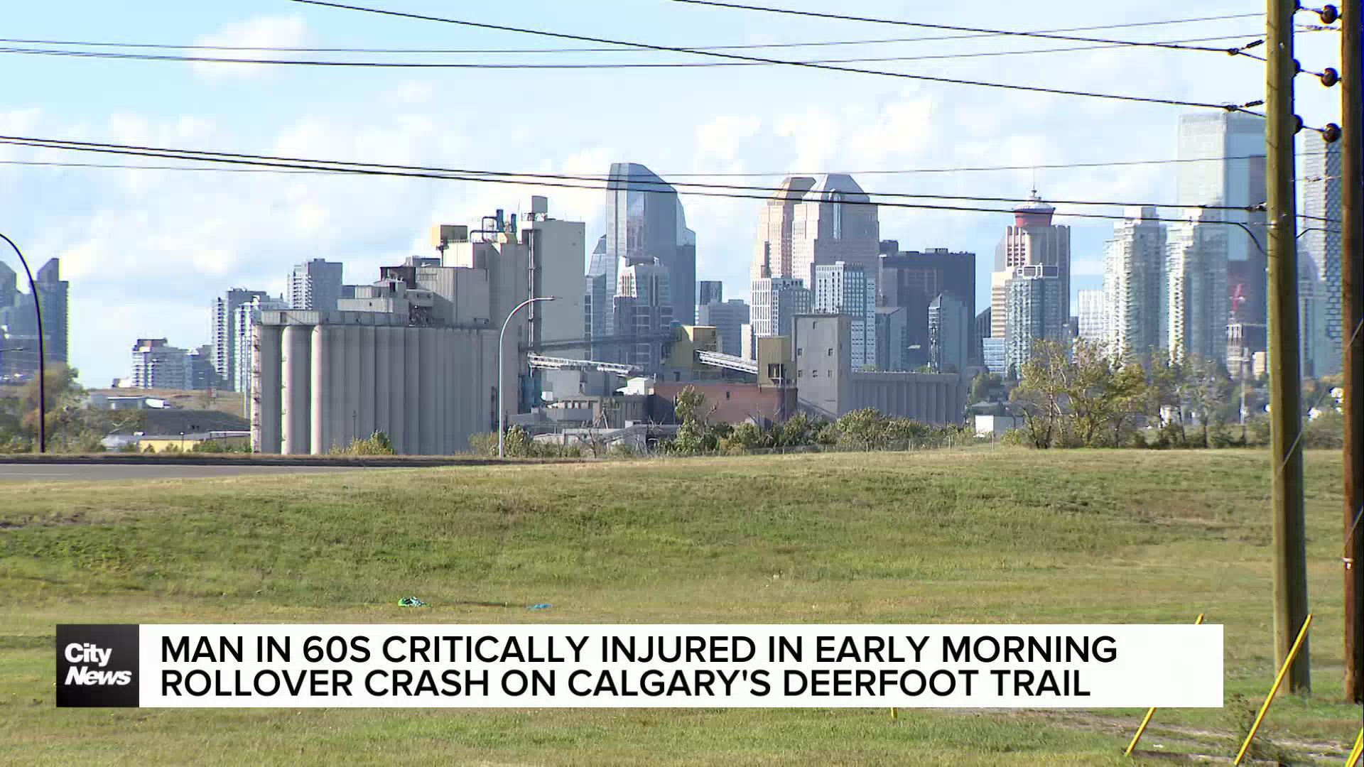 Calgary man in 60s critically injured in early morning rollover crash on Deerfoot Trail