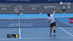 Hot Shot: Ugo Carabelli puffs out his cheeks and chest after epic defence in Hangzhou