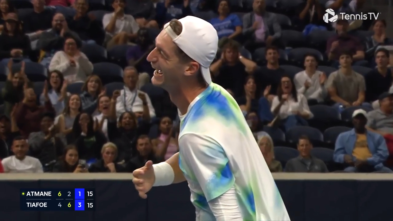Hot Shot: Atmane laughs it off after narrowly dodging Tiafoe's stunning strike in Dallas