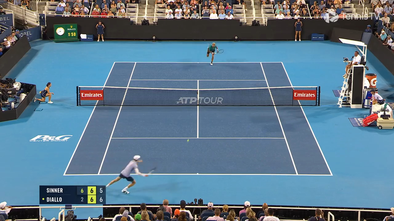 Watch Jannik Sinner narrowly avoid a third set vs. Gabriel Diallo with a huge forehand return down a set point in Cincinnati on Monday. Watch live & on-demand at tennistv.com.