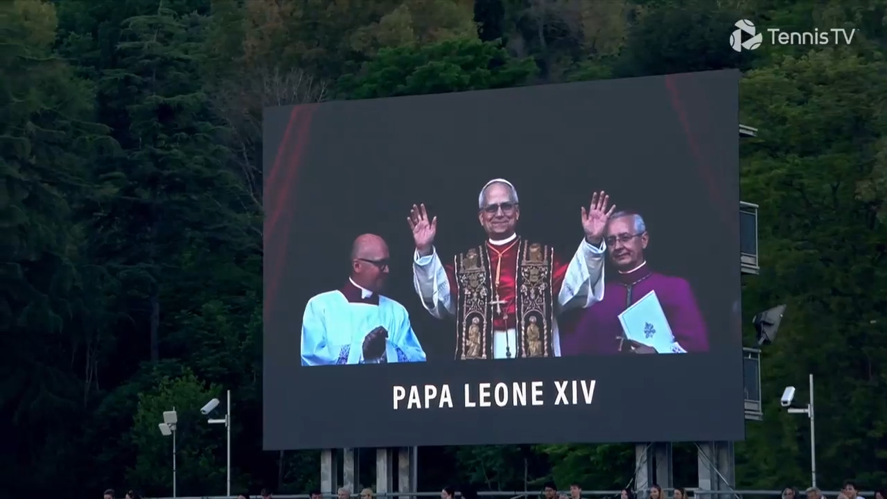 News of the election of Pope Leo XIV was announced on the big screen Rome's centre court, drawing warm cheers from fans. Watch live & on demand at TennisTV.com.