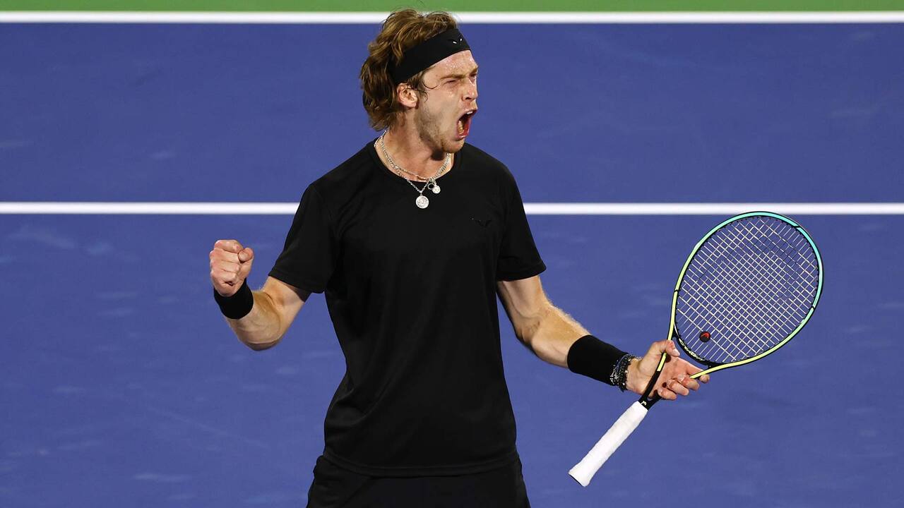 DUBAI, UAE, 4th March 2023. 2022 champion Andrey Rublev in action during  the men's singles final of the Dubai Duty Free Tennis Open Championships.  3rd seed Daniil Medvedev defeated Rublev 6-2, 6-2