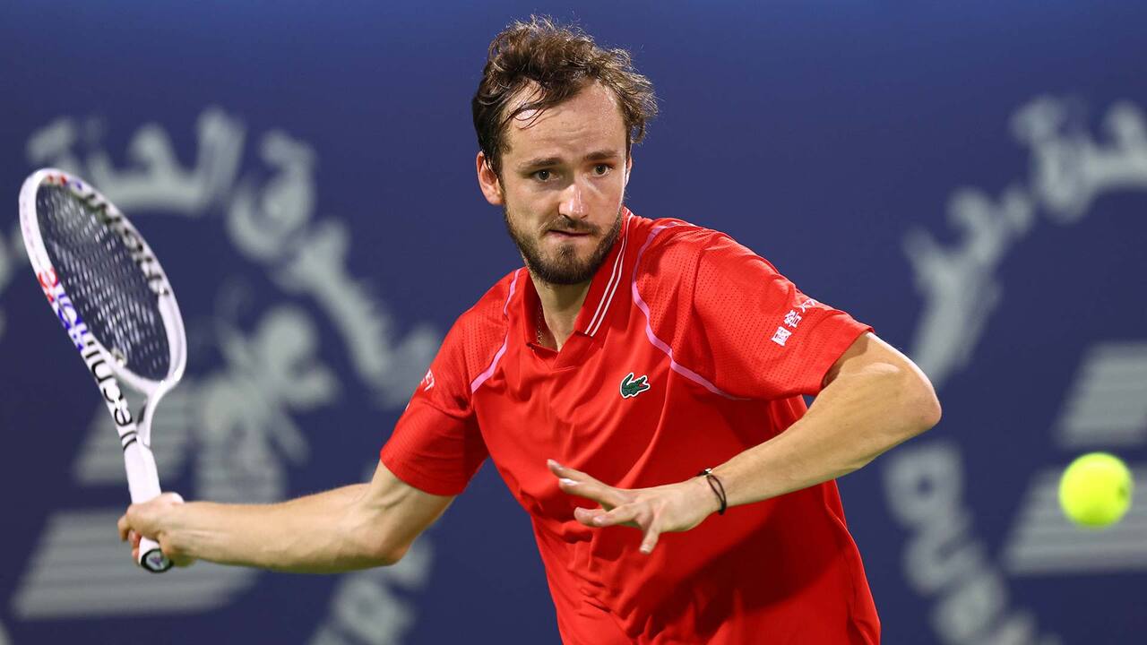 DUBAI, UAE, 4th March 2023. Action from the men's singles final of the Dubai  Duty Free Tennis Open Championships. 3rd seed Daniil Medvedev defeated  defending champion Andrey Rublev 6-2, 6-2 Credit: Feroz