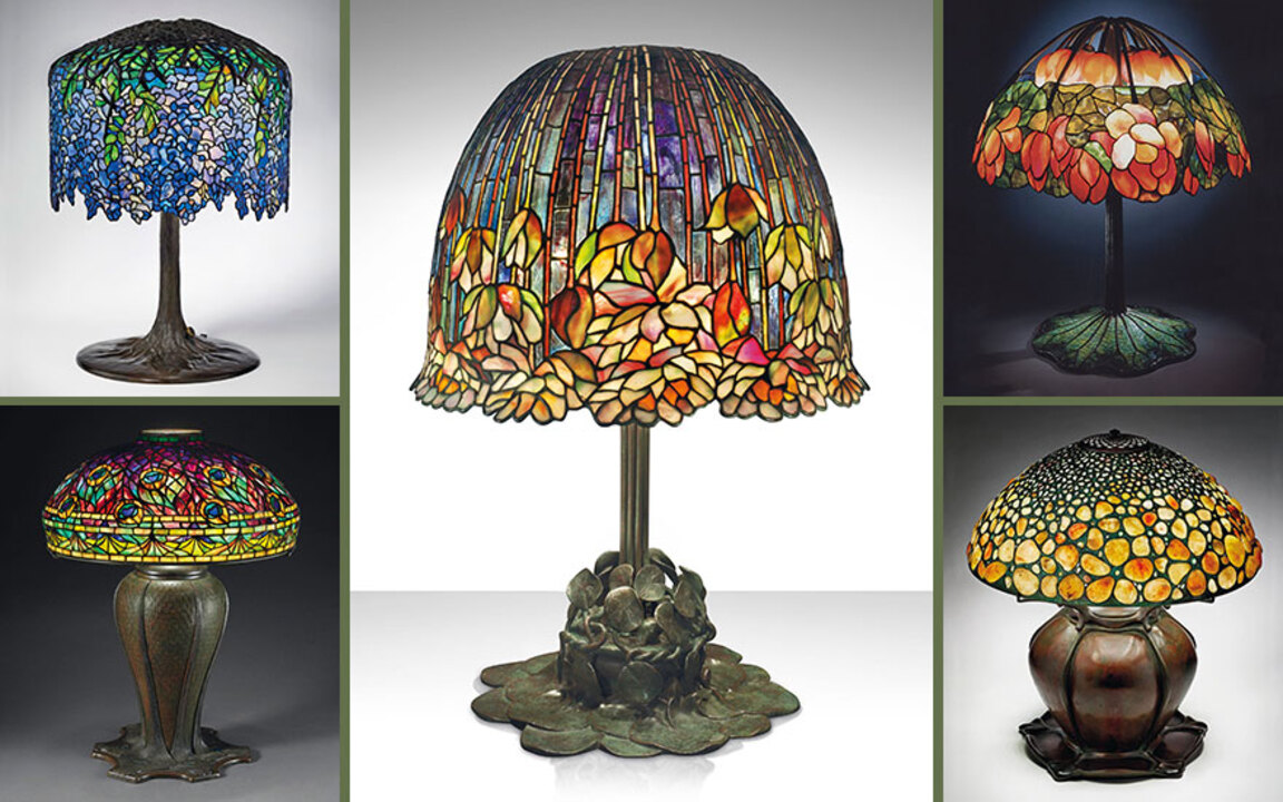 Left Top Image Tiffany Studios, Wisteria table lamp with a Tree base, circa 1905. Leaded glass, patinated bronze. 25⅝ in (65 cm) high; 18½ in (46.9 cm) diameter of shade. Sold for $525,000 11 December