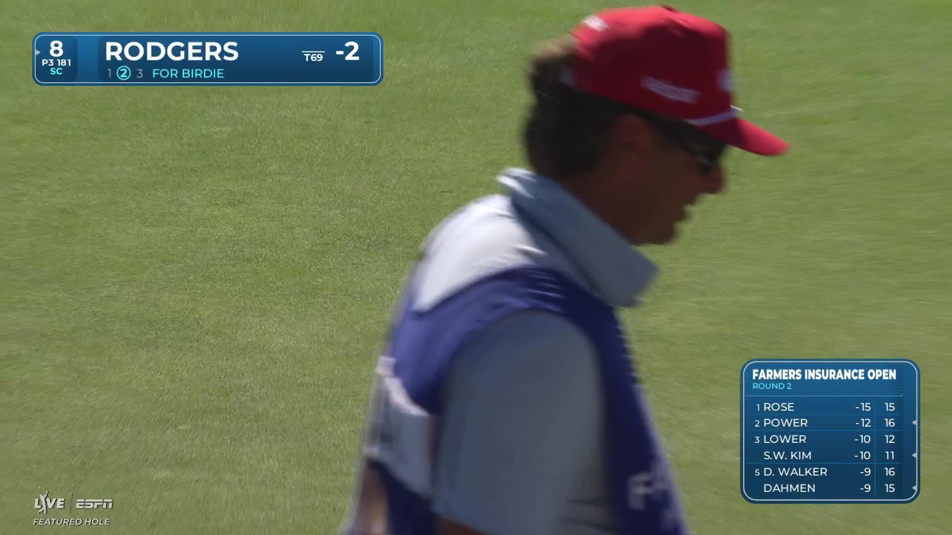 Patrick Rodgers sinks 27-foot birdie putt on No. 8 at Farmers