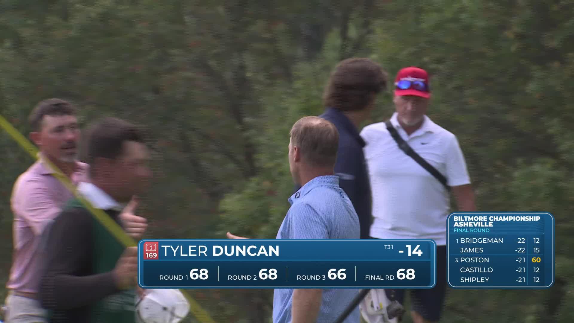 Tyler Duncan drains 8-foot birdie putt on No. 18 at Biltmore