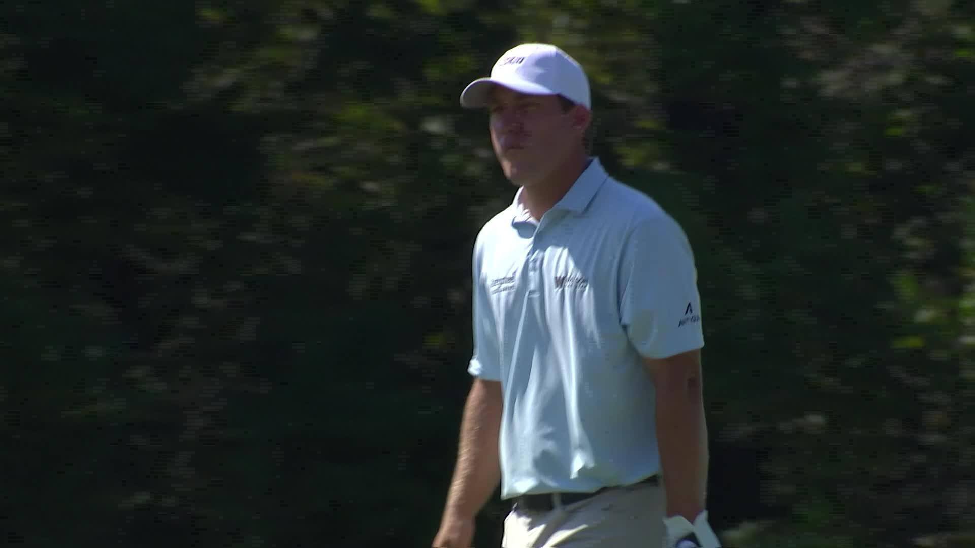 Zach Bauchou rams home a birdie putt, gets to six under at Compliance Solutions