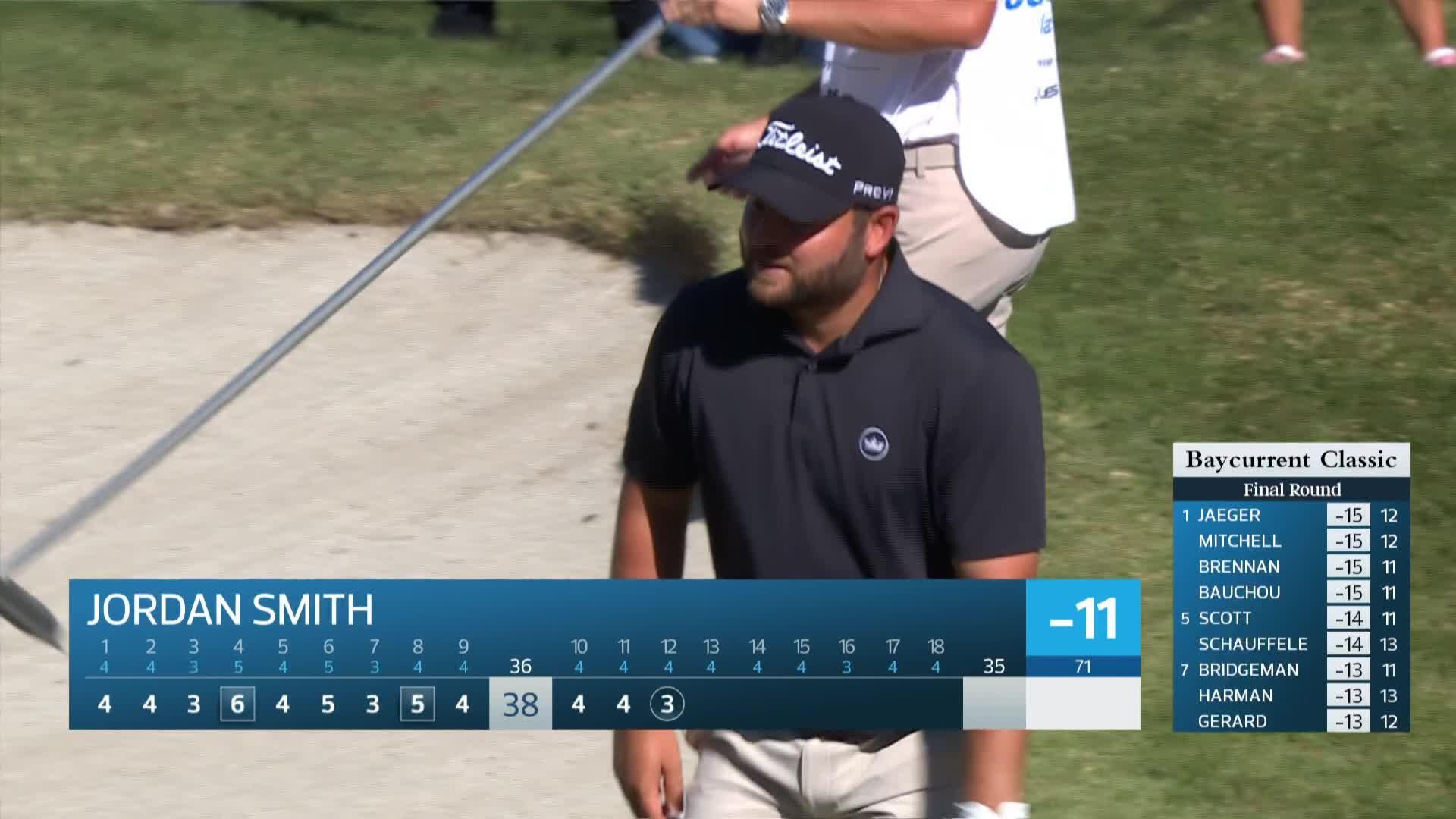 Jordan L Smith holes 50-foot bunker shot for birdie on No. 12 at Baycurrent