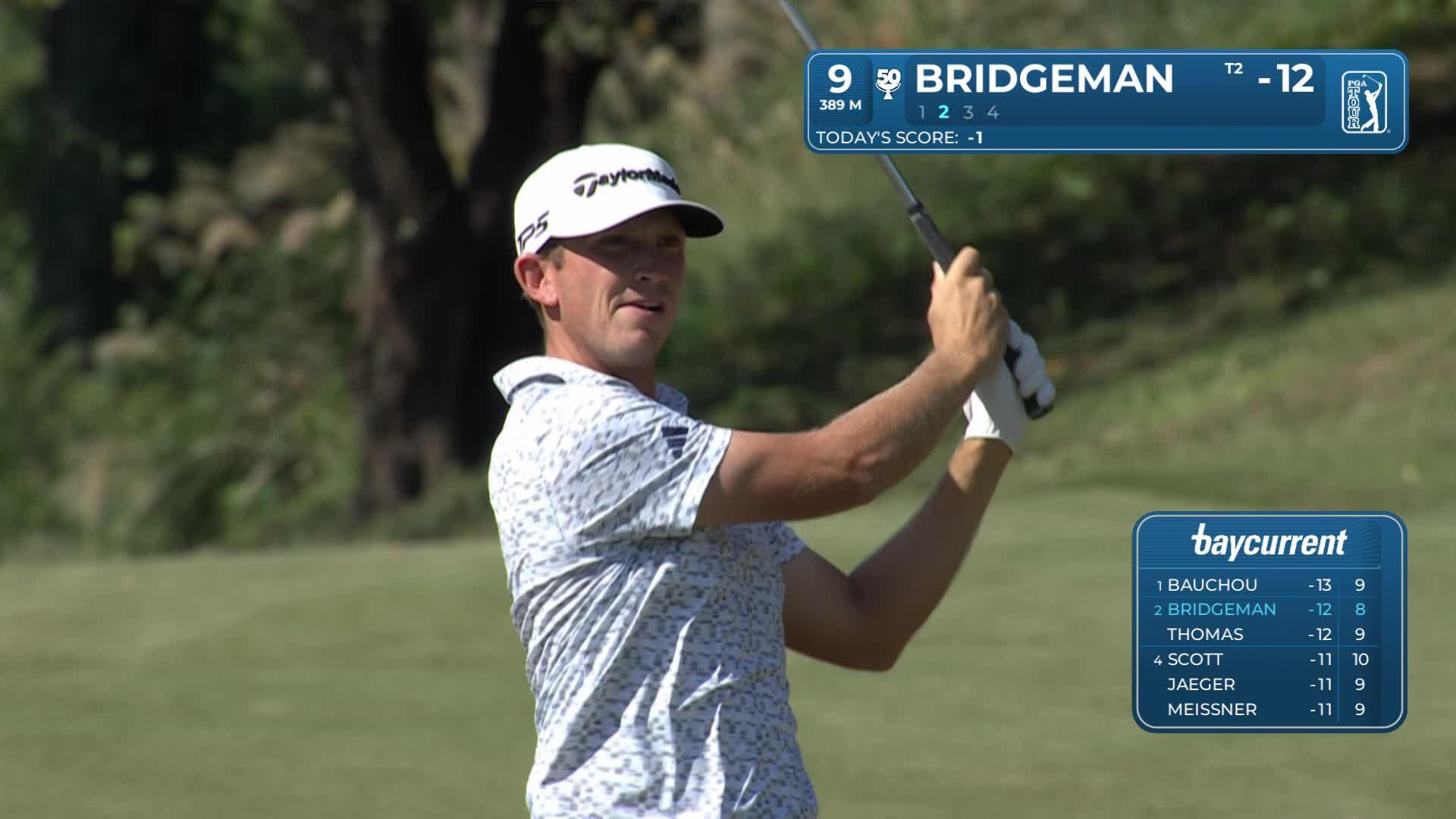 Jacob Bridgeman holes 23-foot shot for birdie on No. 9 at Baycurrent