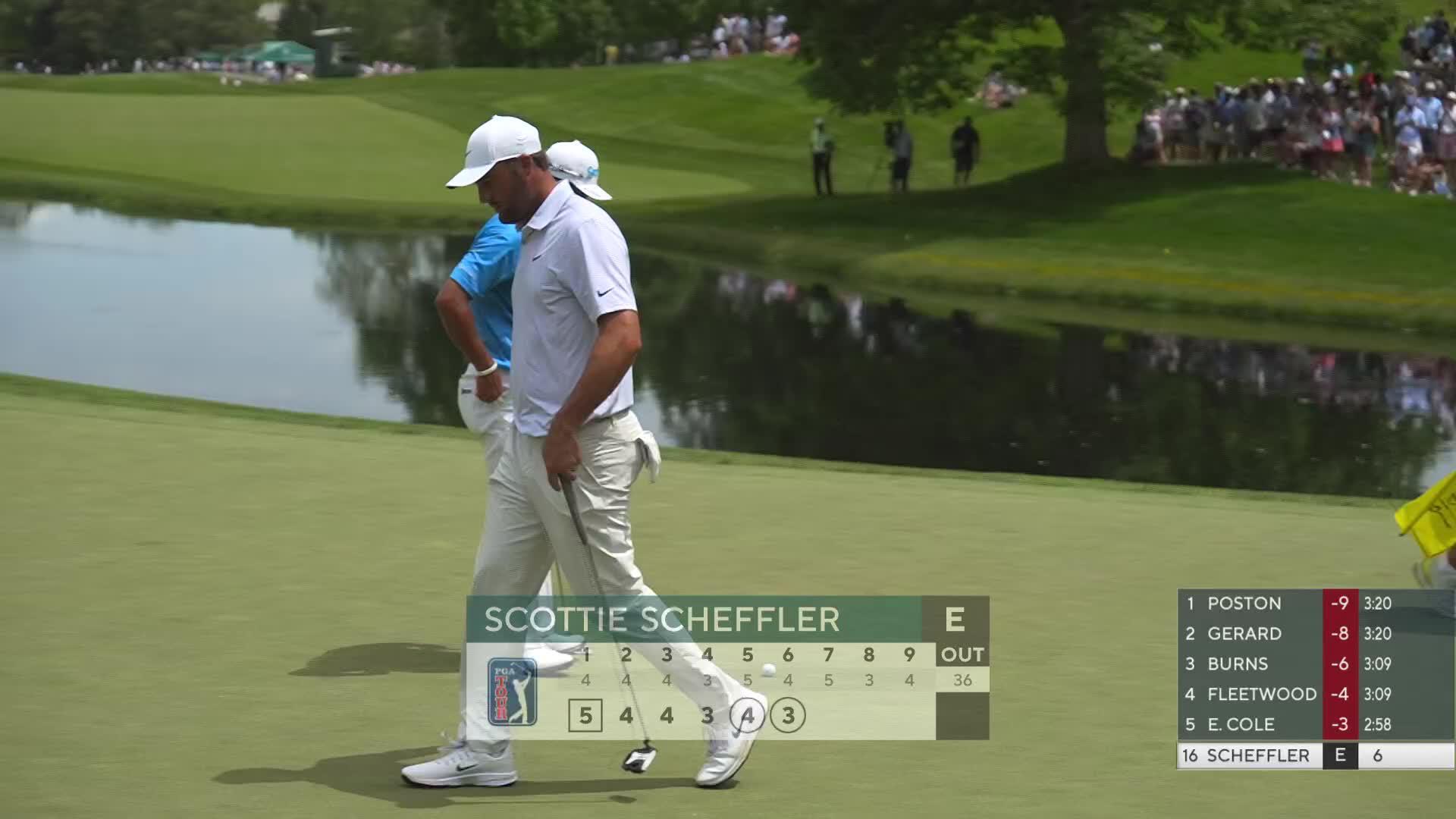 Scottie Scheffler drains 26-foot birdie putt on No. 6 at the Memorial