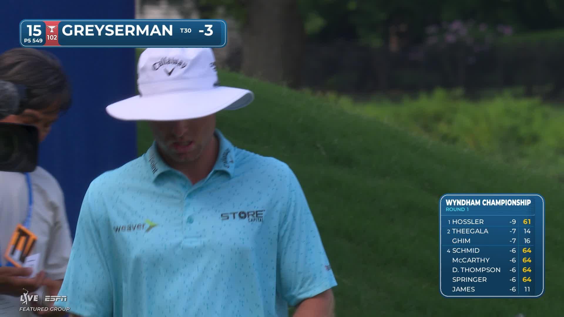 Max Greyserman sinks 3-foot putt for birdie on No. 15 at Wyndham