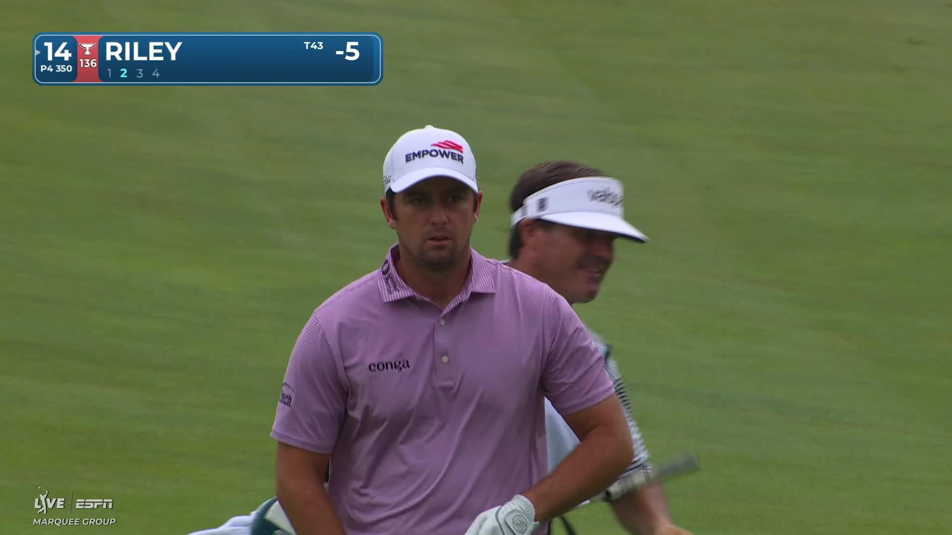 Davis Riley taps in 7-inch putt for birdie on No. 14 at John Deere