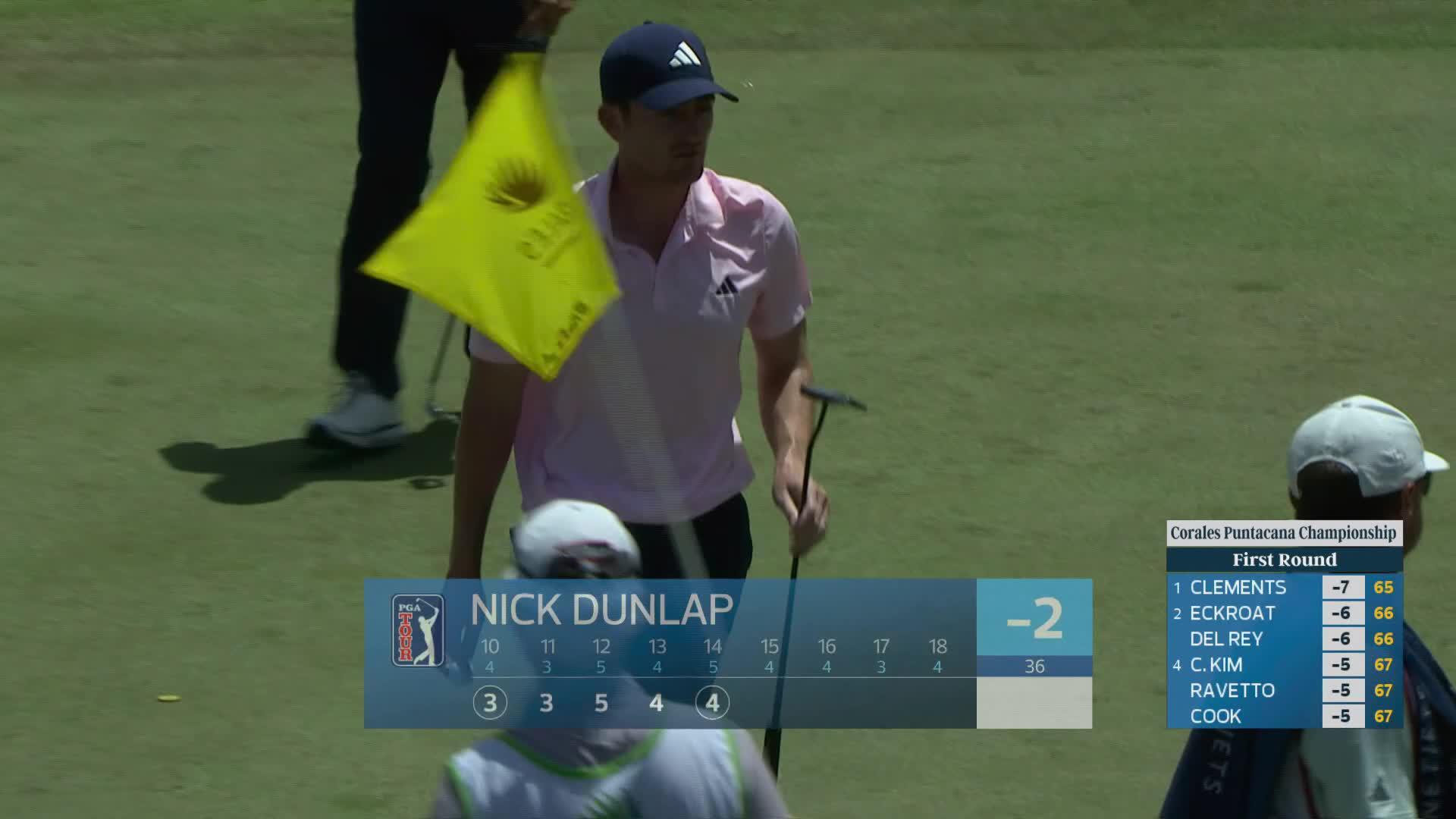 Nick Dunlap drains 27-foot putt for birdie on No. 14 at Corales Puntacana