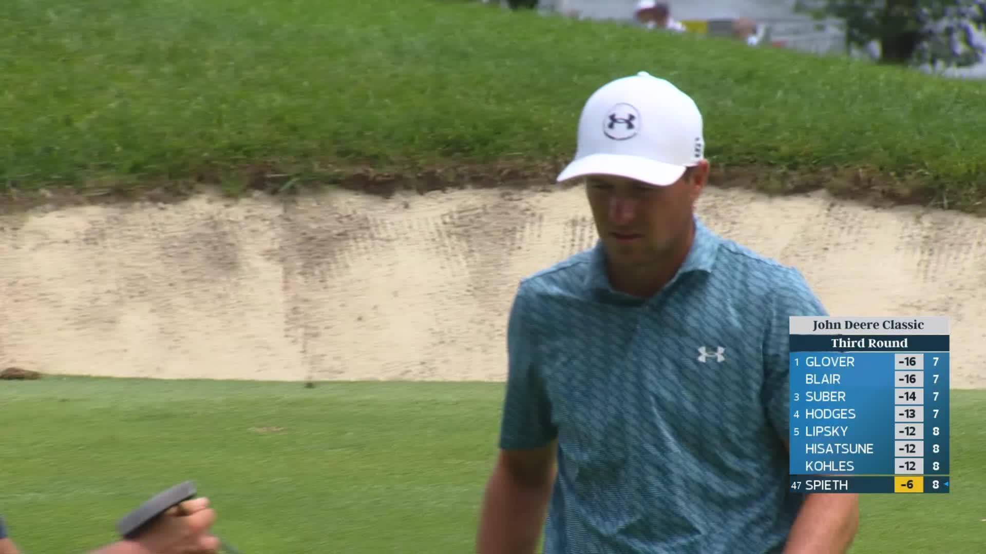 Jordan Spieth gets up-and-down from 140 yards for birdie on No. 18 at John Deere