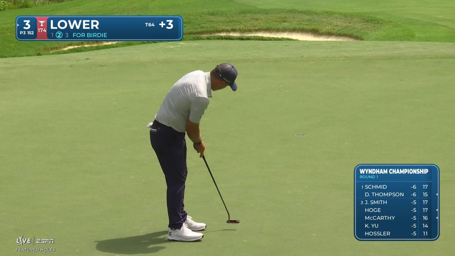 Justin Lower sinks 16-foot putt for birdie on No. 3 at Wyndham