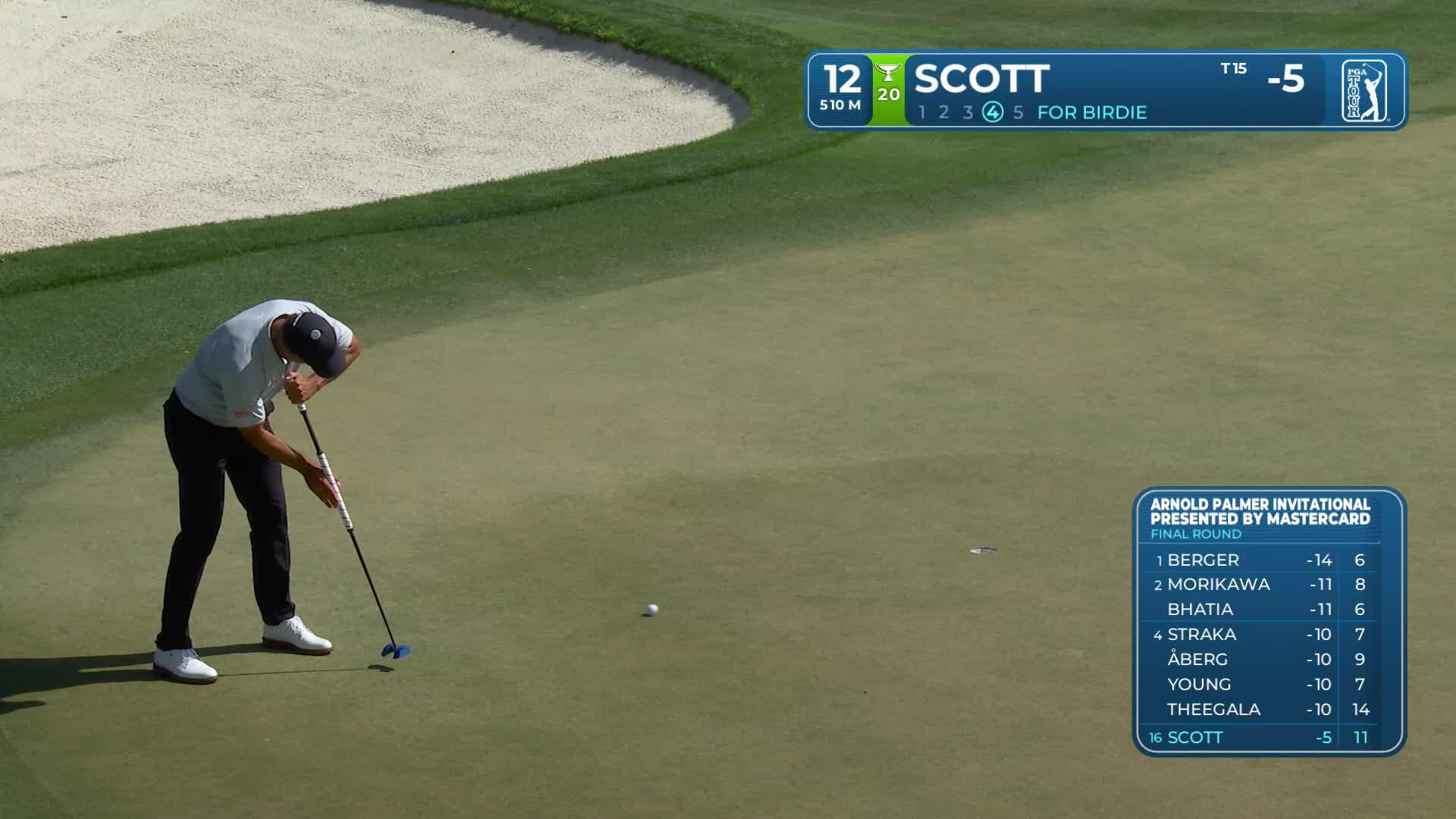 Adam Scott sinks 10-foot birdie putt on No. 12 at Arnold Palmer