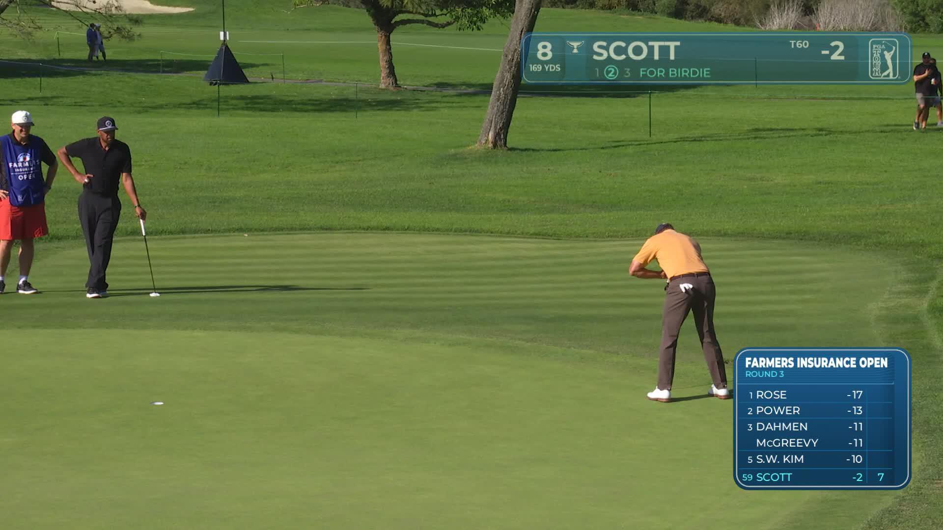 Adam Scott sinks 14-foot birdie putt on No. 8 at Farmers
