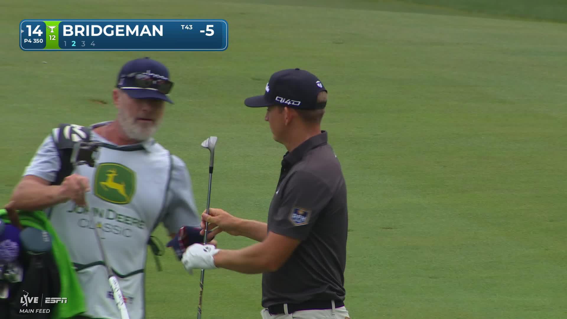 Jacob Bridgeman drains 2-foot putt for birdie on No. 14 at John Deere