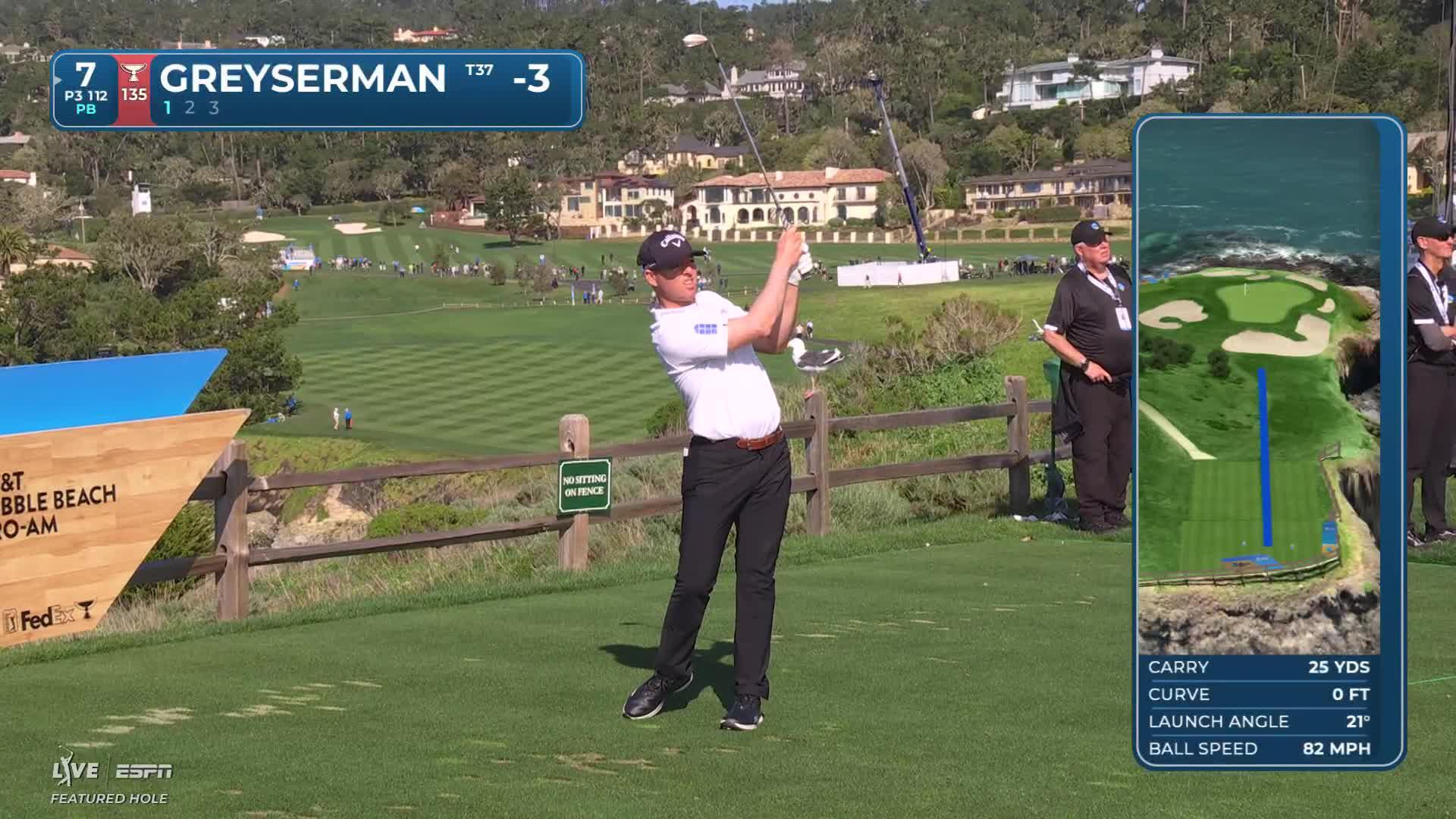 Max Greyserman chips in from rough for birdie on No. 7 at Pebble Beach