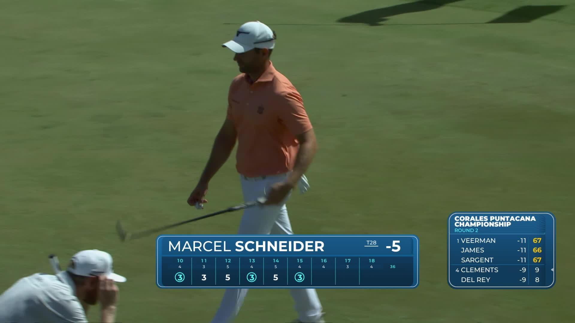 Marcel Schneider drains 43-foot putt for birdie on No. 15 at Corales Puntacana
