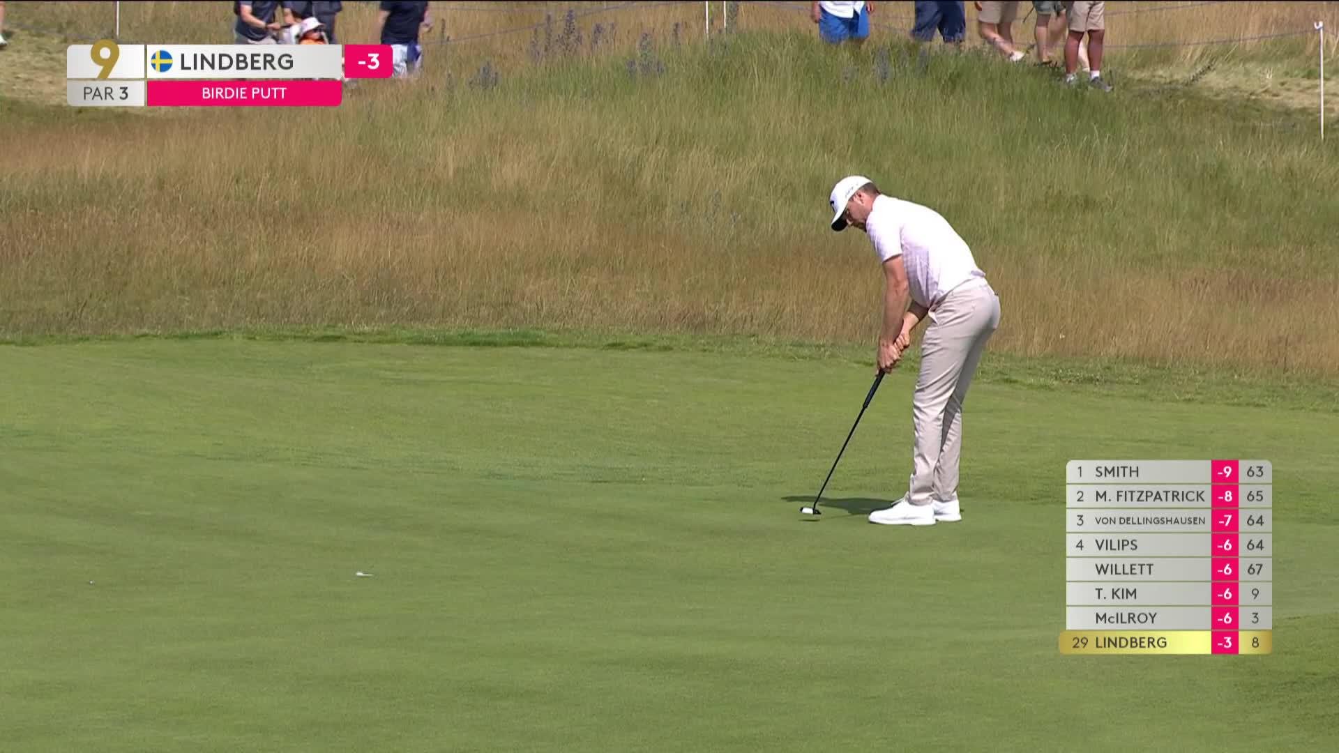 Mikael Lindberg sinks 12-foot birdie putt on No. 9 at Genesis Scottish Open