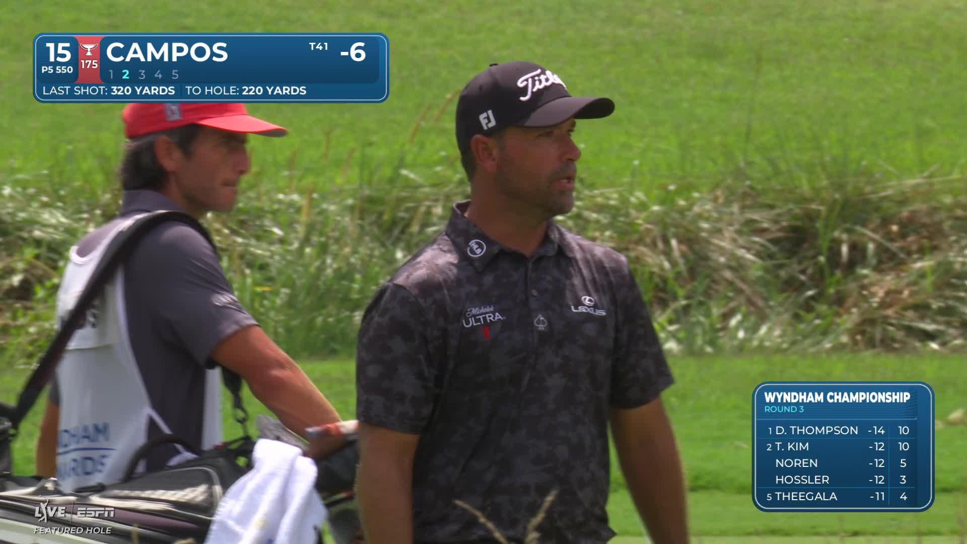 Rafael Campos gets up-and-down from 66 feet from the bunker for birdie on No. 15 at Wyndham