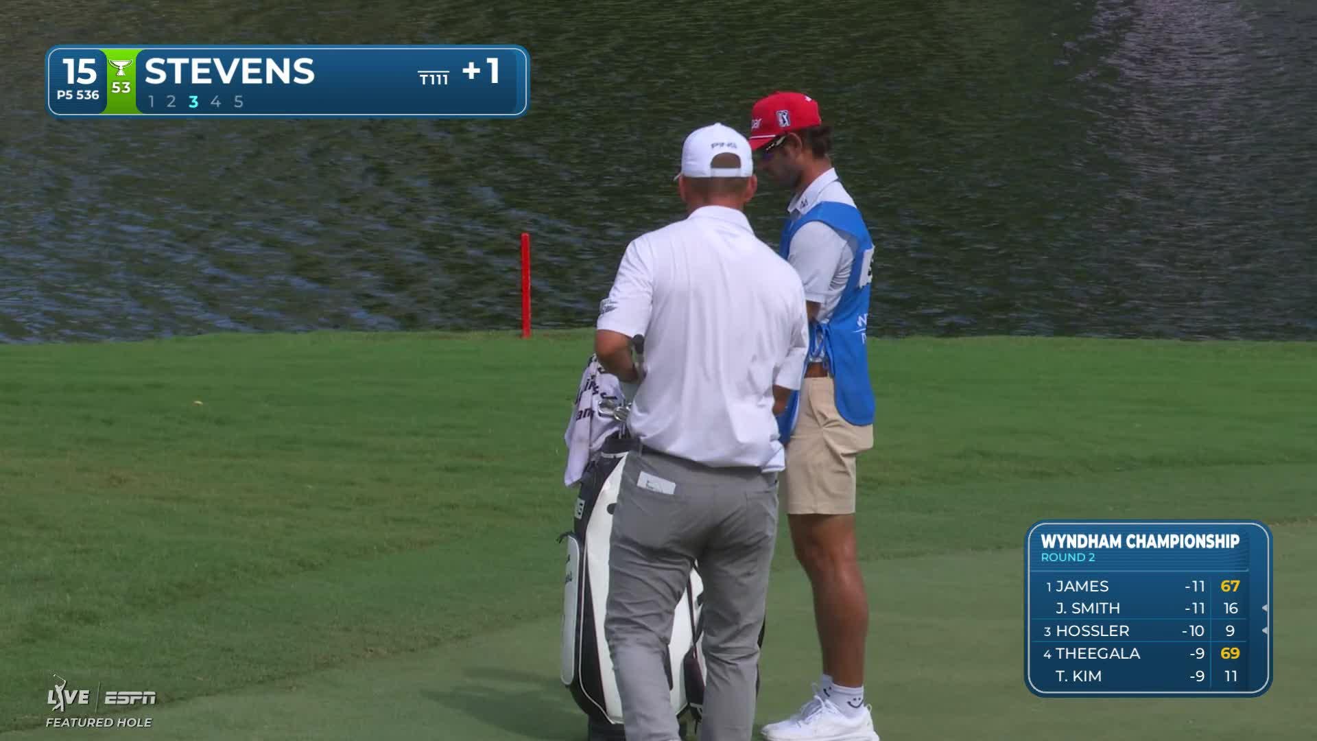 Sam Stevens sinks 3-foot putt for birdie on No. 15 at Wyndham