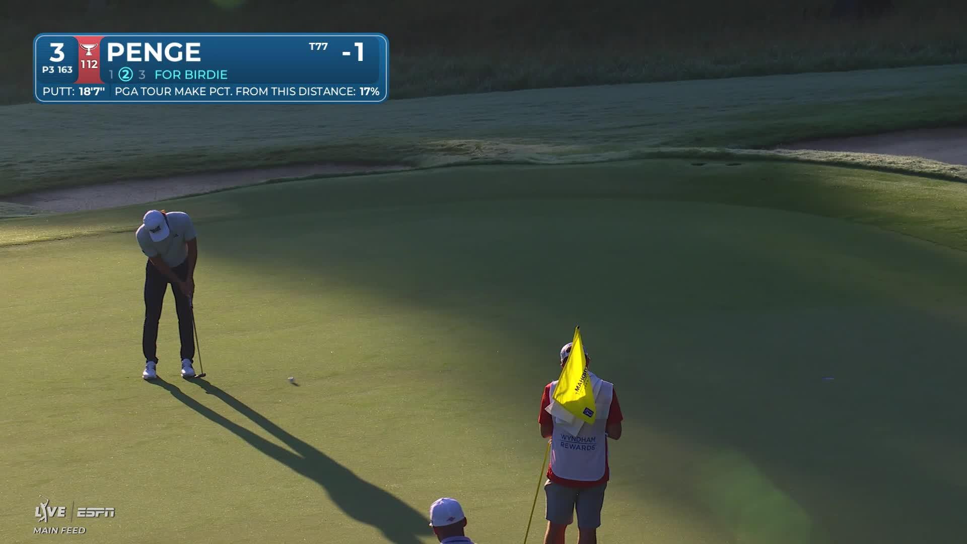 Marco Penge sinks 19-foot putt for birdie on No. 3 at Wyndham