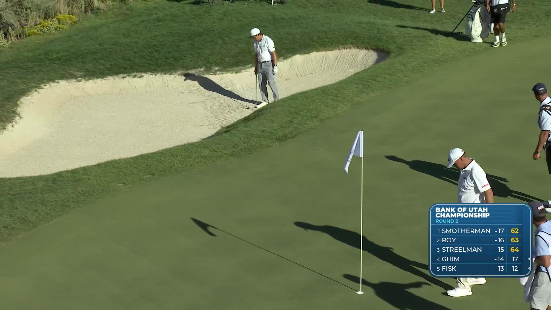 Dylan Wu holes 49-foot bunker shot for birdie on No. 15 at Bank of Utah