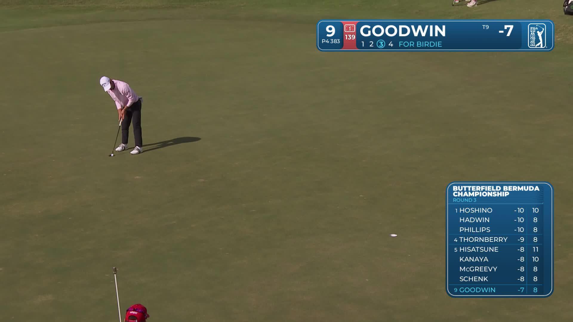 Noah Goodwin sinks long putt for birdie on No. 9 at Butterfield Bermuda