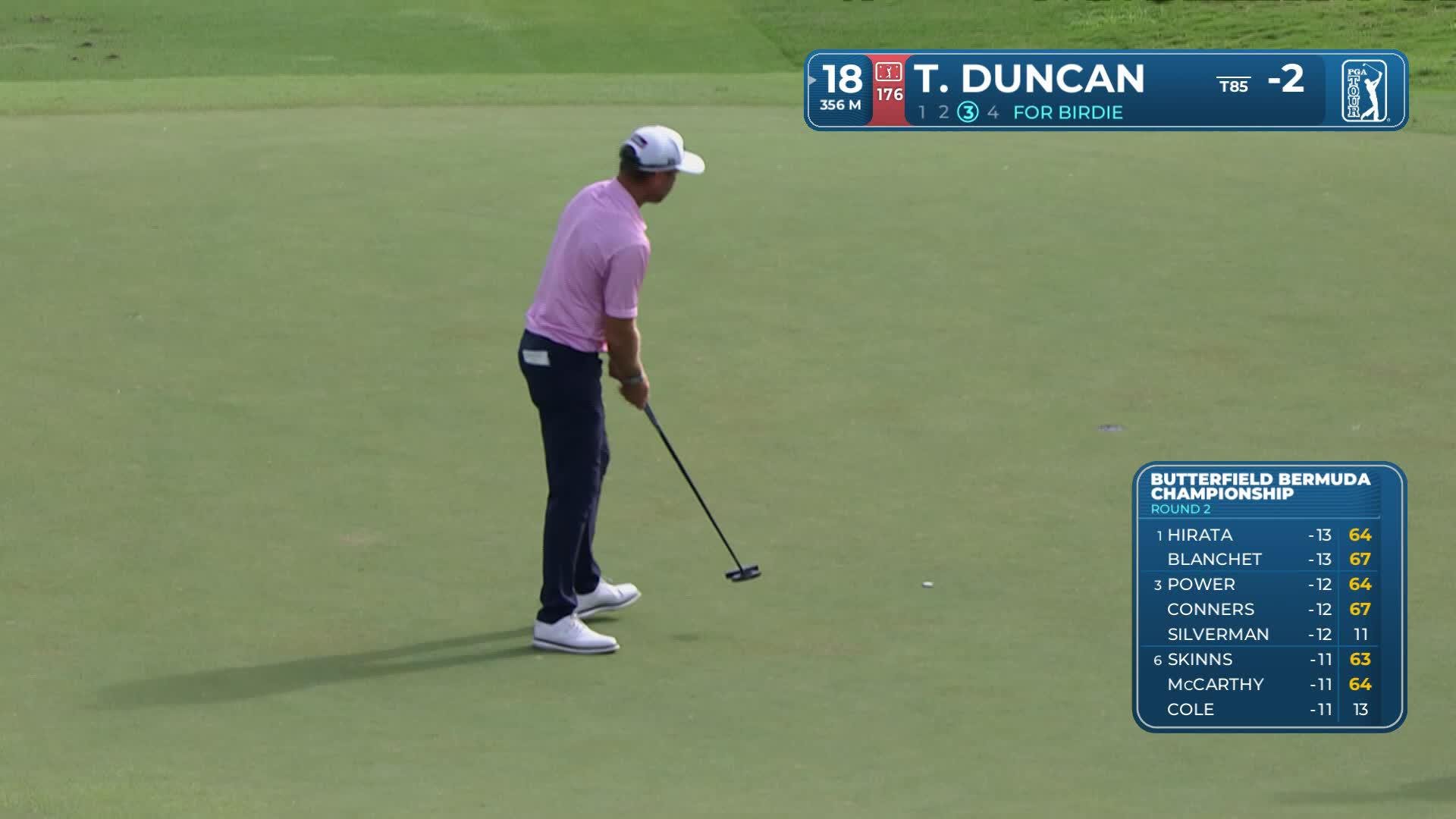Tyler Duncan sinks 19-foot putt for birdie on No. 18 at Butterfield Bermuda