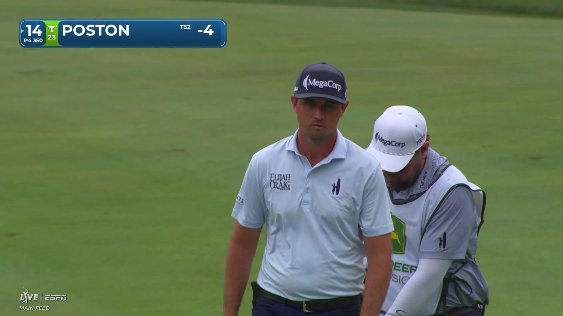 J.T. Poston holes 90-foot shot for birdie on No. 14 at John Deere