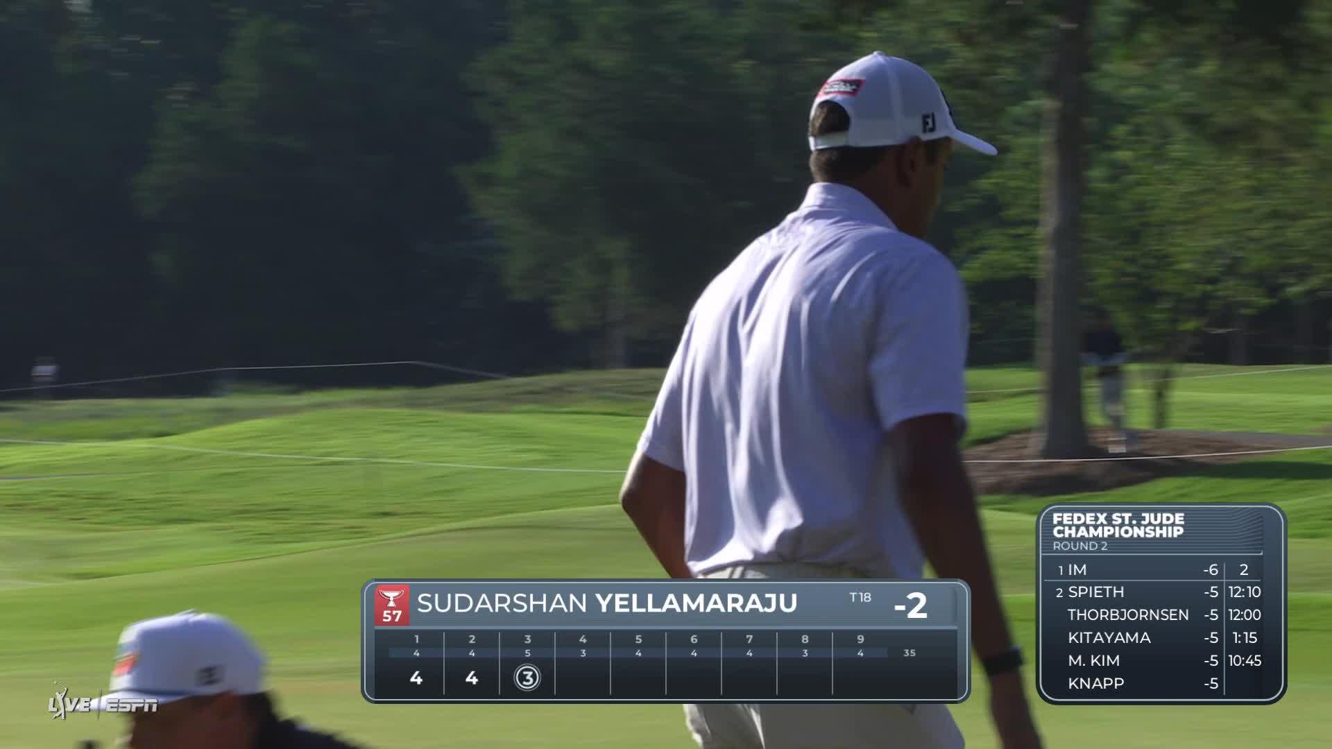 Sudarshan Yellamaraju holes 33-foot shot from rough for eagle on No. 3 at FedEx St. Jude