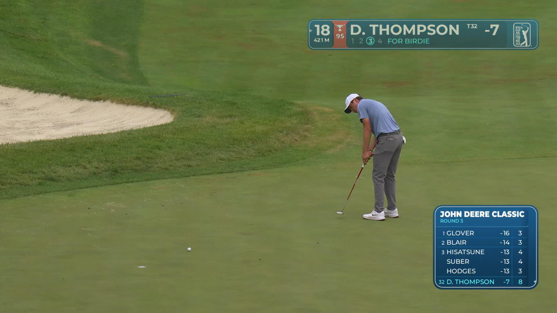 Davis Thompson sinks 17-foot putt for birdie on No. 18 at John Deere