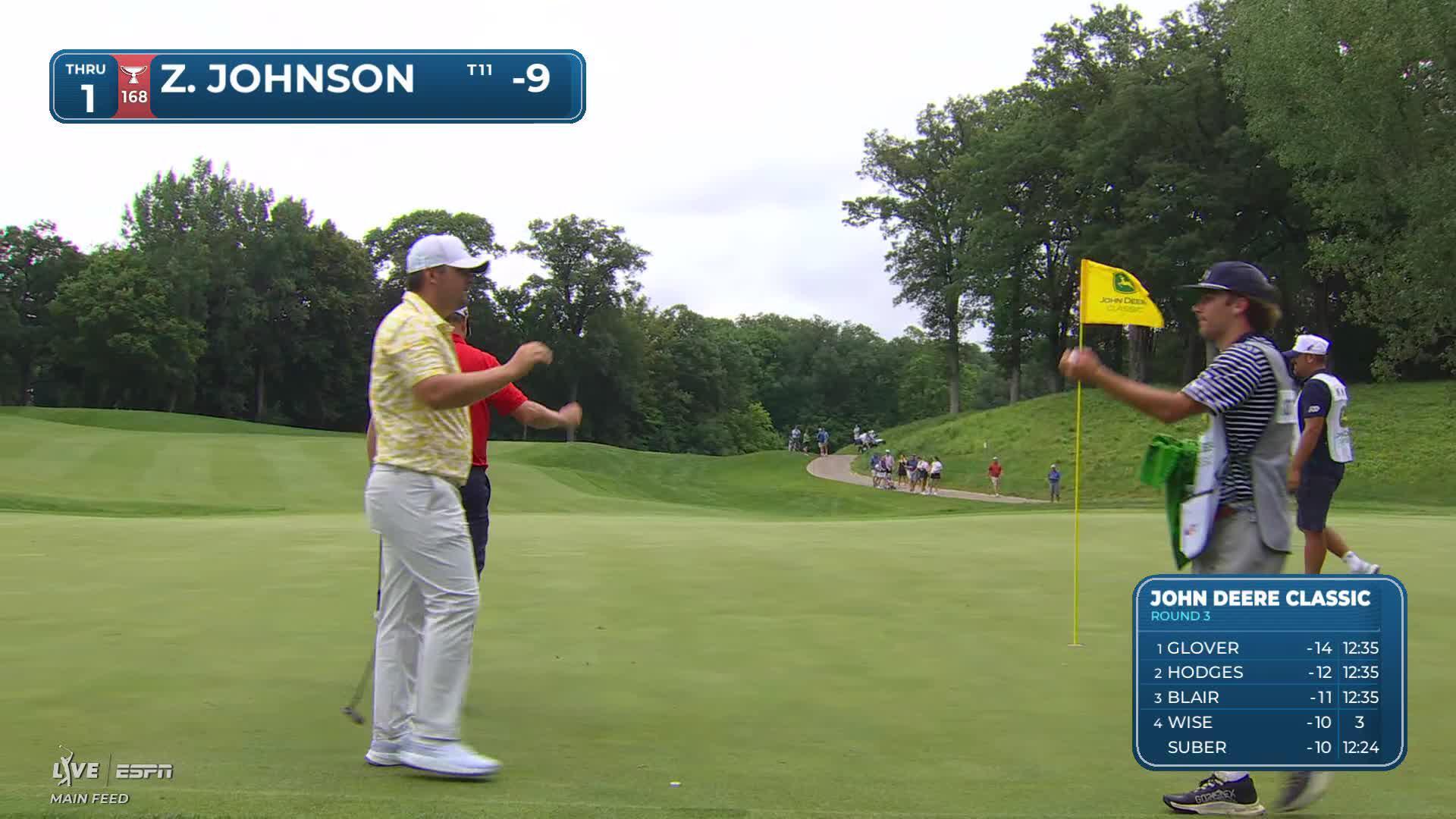 Zach Johnson holes 22-foot shot from rough for birdie on No. 1 at John Deere