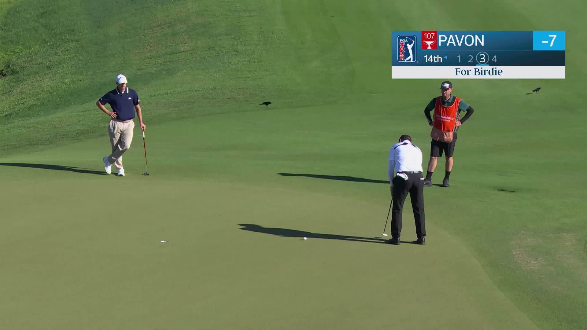 Matthieu Pavon drains 9-foot birdie putt on No. 14 at Mexico Open