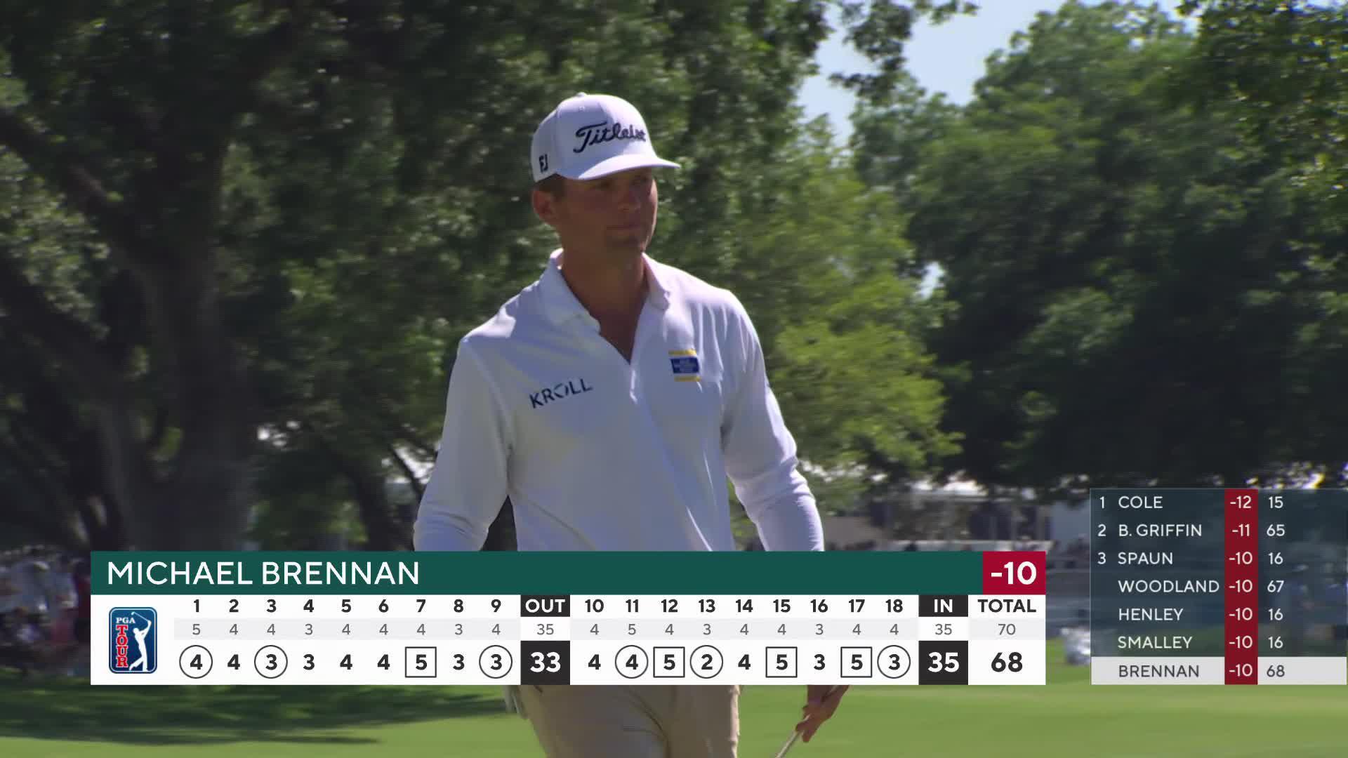 Michael Brennan drains 34-foot birdie putt on No. 18 at Charles Schwab