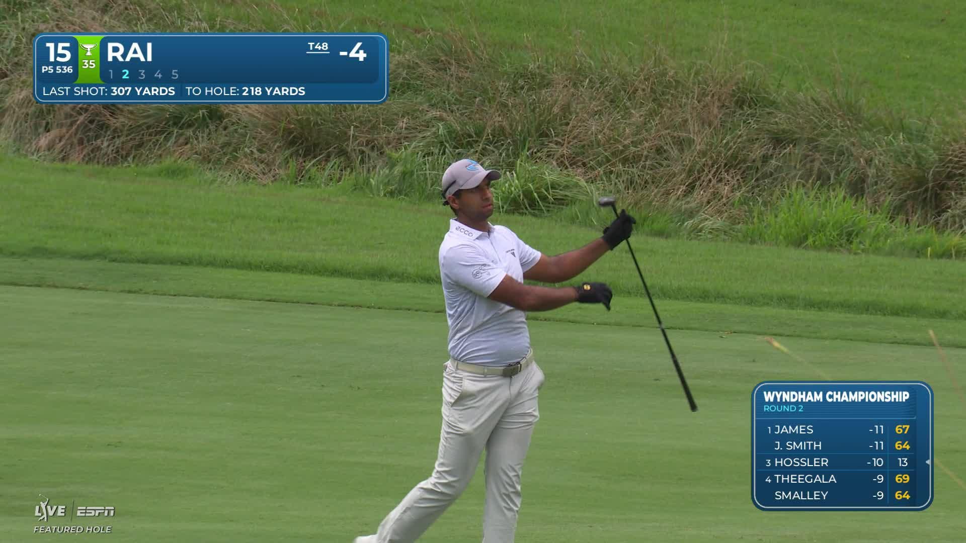 Aaron Rai drains 4-foot putt for birdie on No. 15 at Wyndham