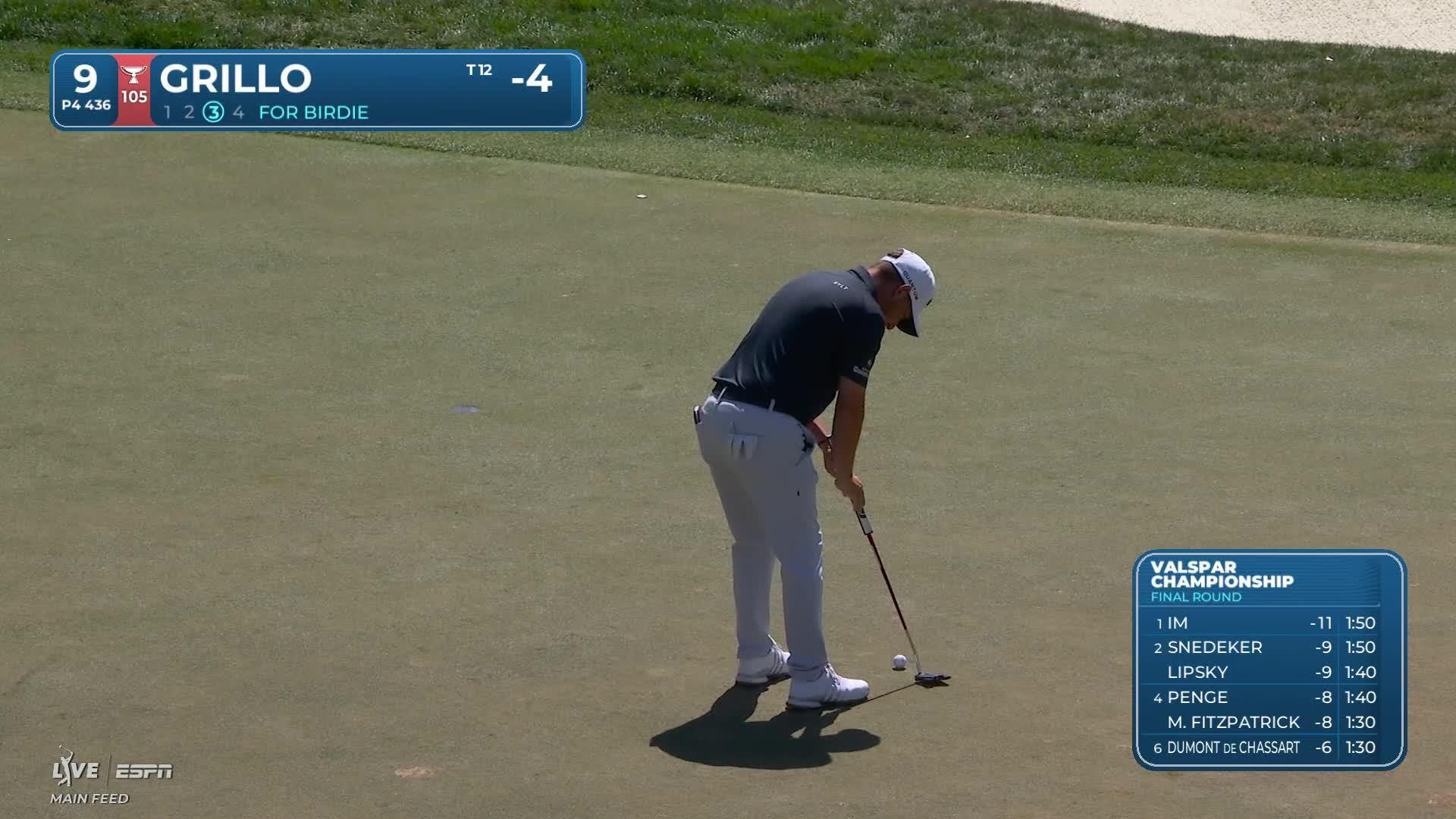 Emiliano Grillo sinks 13-foot birdie putt on No. 9 at Valspar