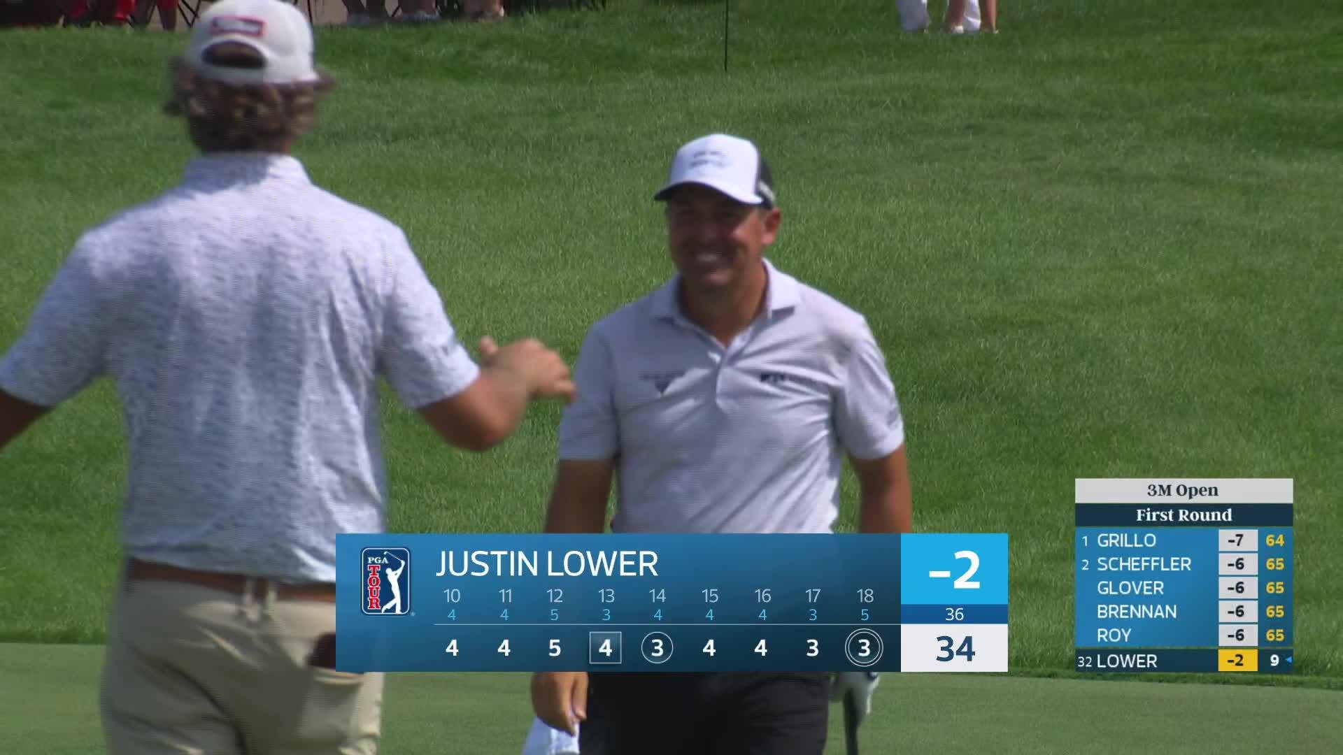 Justin Lower holes 127-yard shot for eagle on No. 18 at 3M Open